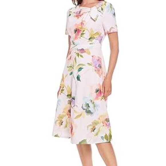 ✨ Pastel Pink Floral Sheath Dress | Bow Neck Detail | Perfect Wedding Guest 3X - Picture 2 of 6